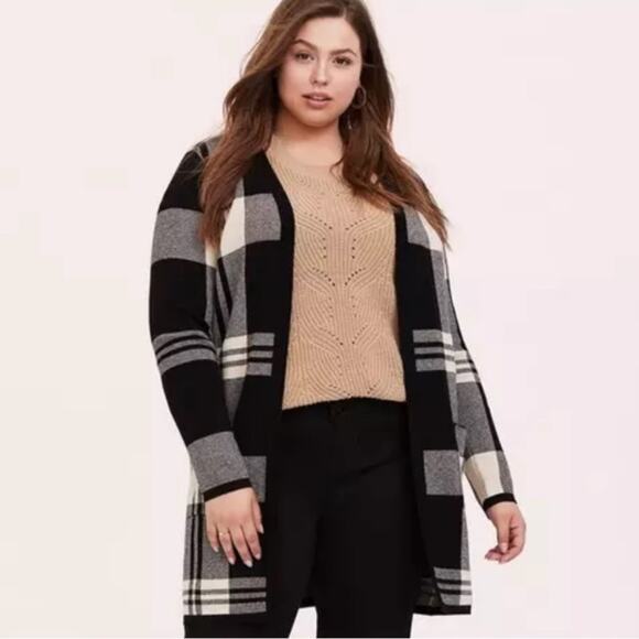 Torrid | Window Pane Plaid Longline Cardigan Sweater Black White Plus 1X - Picture 1 of 7